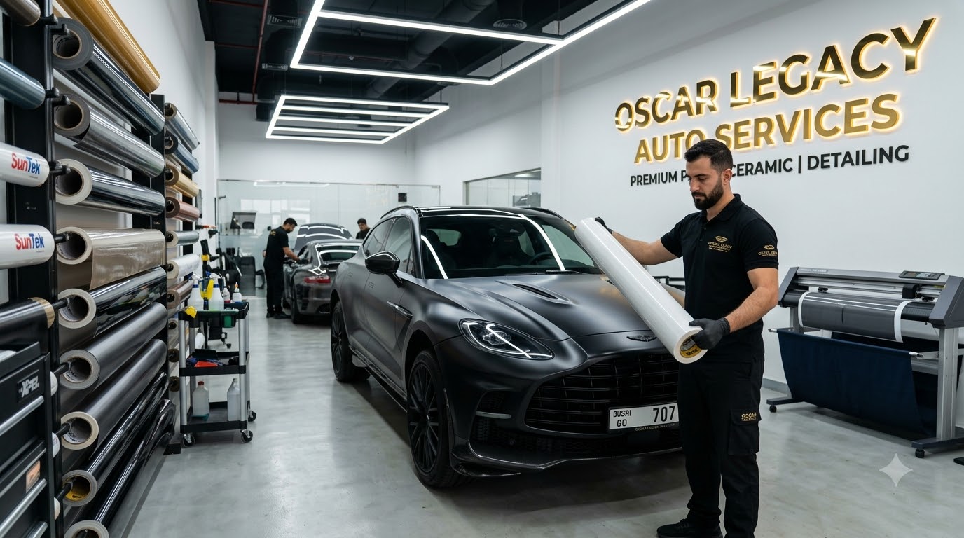 Oscar Legacy Auto Services master technician precision-installing self-healing PPF in Dubai cleanroom bay