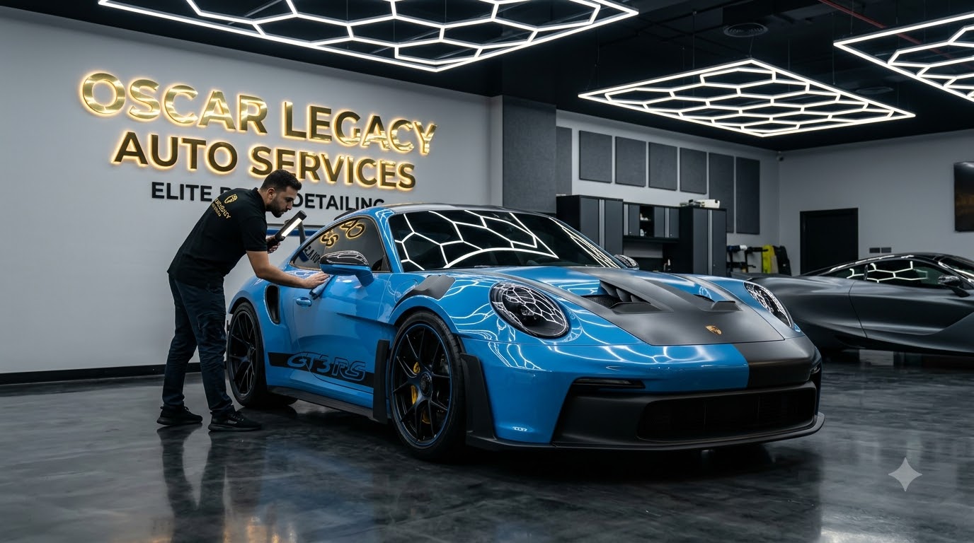 Oscar Legacy Auto Services technician inspecting precision satin and gloss PPF finish on supercar in Dubai