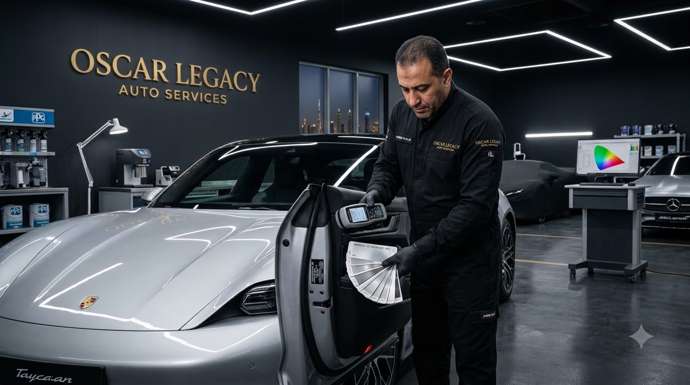 Precision Car Paint Code Matching and Inspection at Oscar Legacy Auto Services Dubai