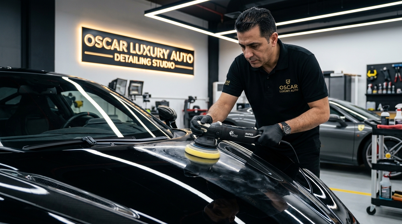 Oscar Luxury Auto master detailer operating dual-action machine polisher for paint correction in Dubai
