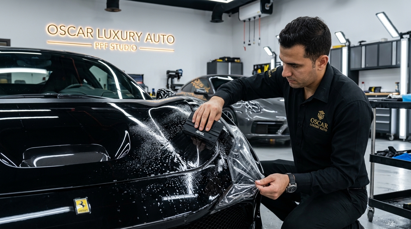 Certified Oscar Luxury Auto technicians custom wrapping supercar panels in Al Quoz cleanroom bay