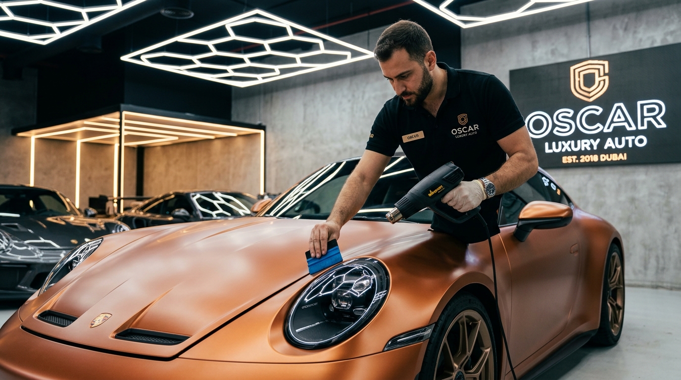 Oscar Luxury Auto master technician installing satin copper vinyl wrap on Porsche 911 GT3 in Dubai studio